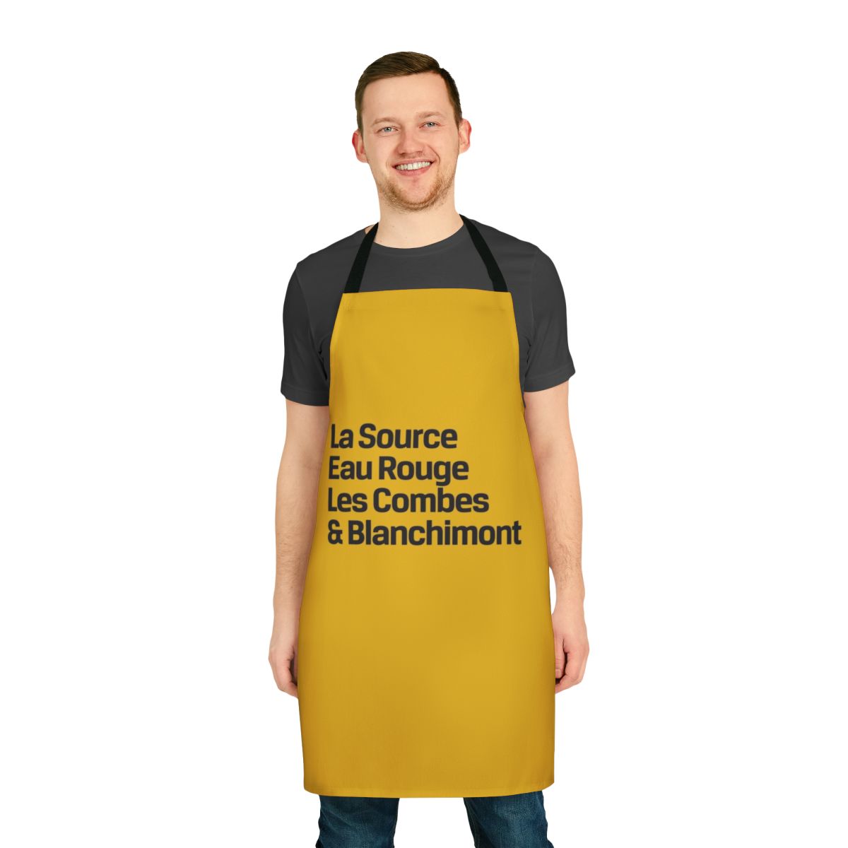 Black apron with Spa Francorchamps circuit corner names for motorsports enthusiasts