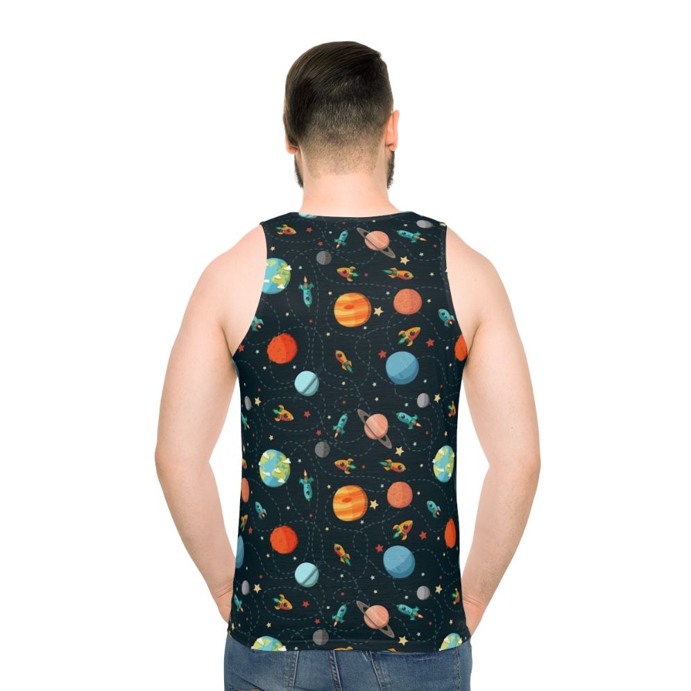 Unisex tank top with a galaxy-inspired cosmic design and space-themed icons