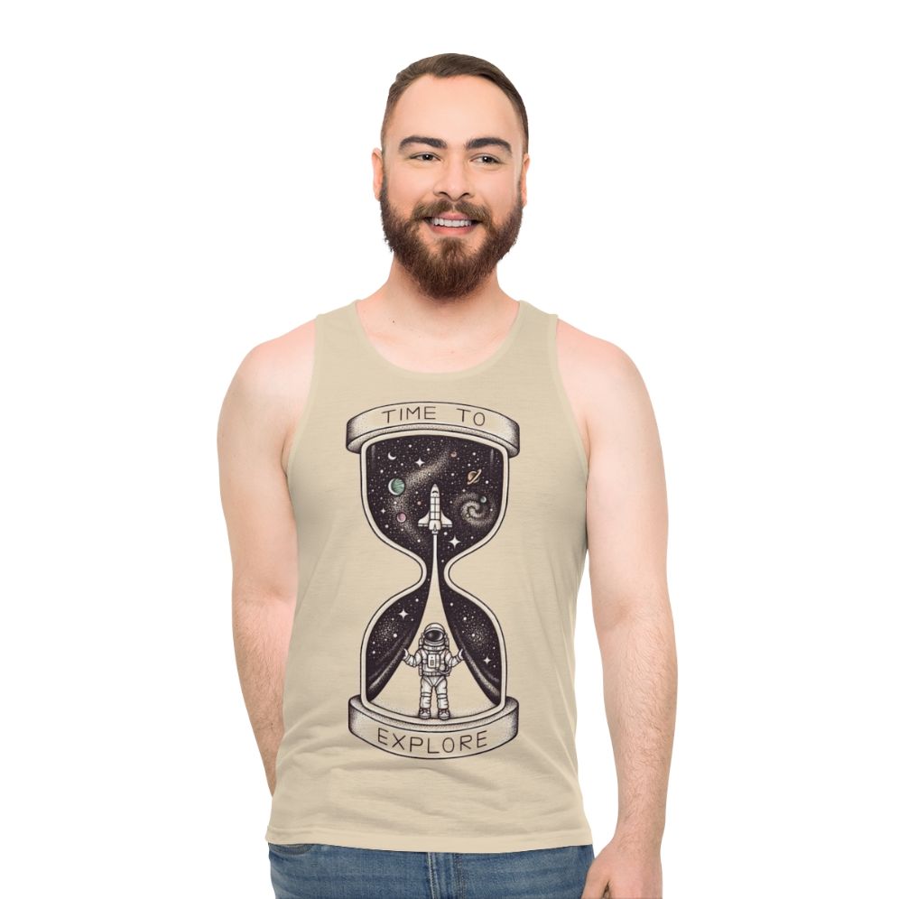 Unisex space-themed tank top with galaxy and planetary design