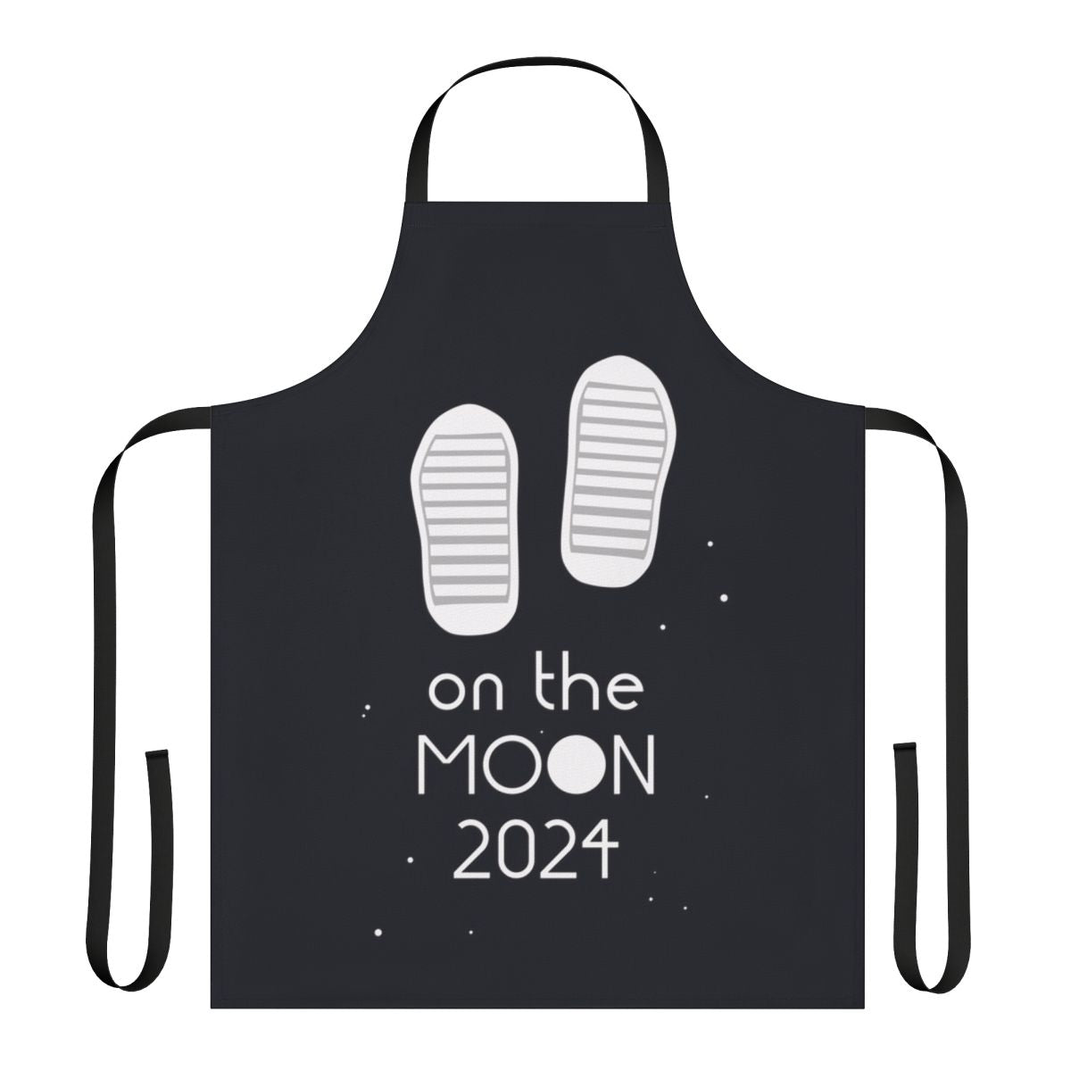 A white apron with the text 'Boots On The Moon 2024' and a moon graphic, referencing the popular space force tv show.