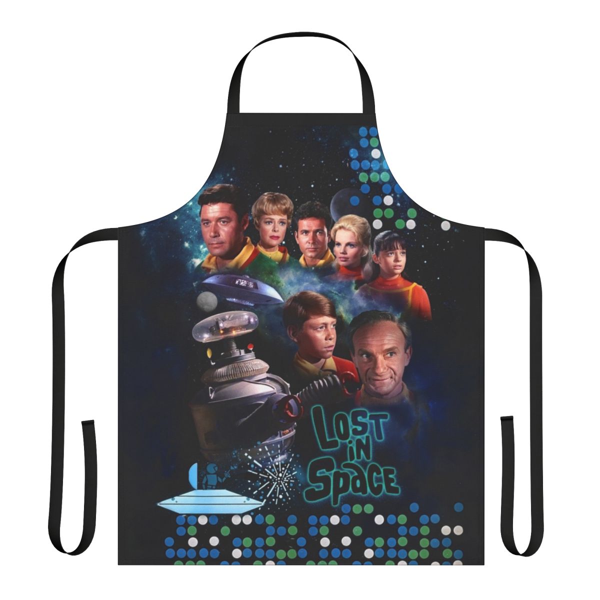 A high-quality apron featuring the Lost in Space logo and design, perfect for space enthusiasts in the kitchen.