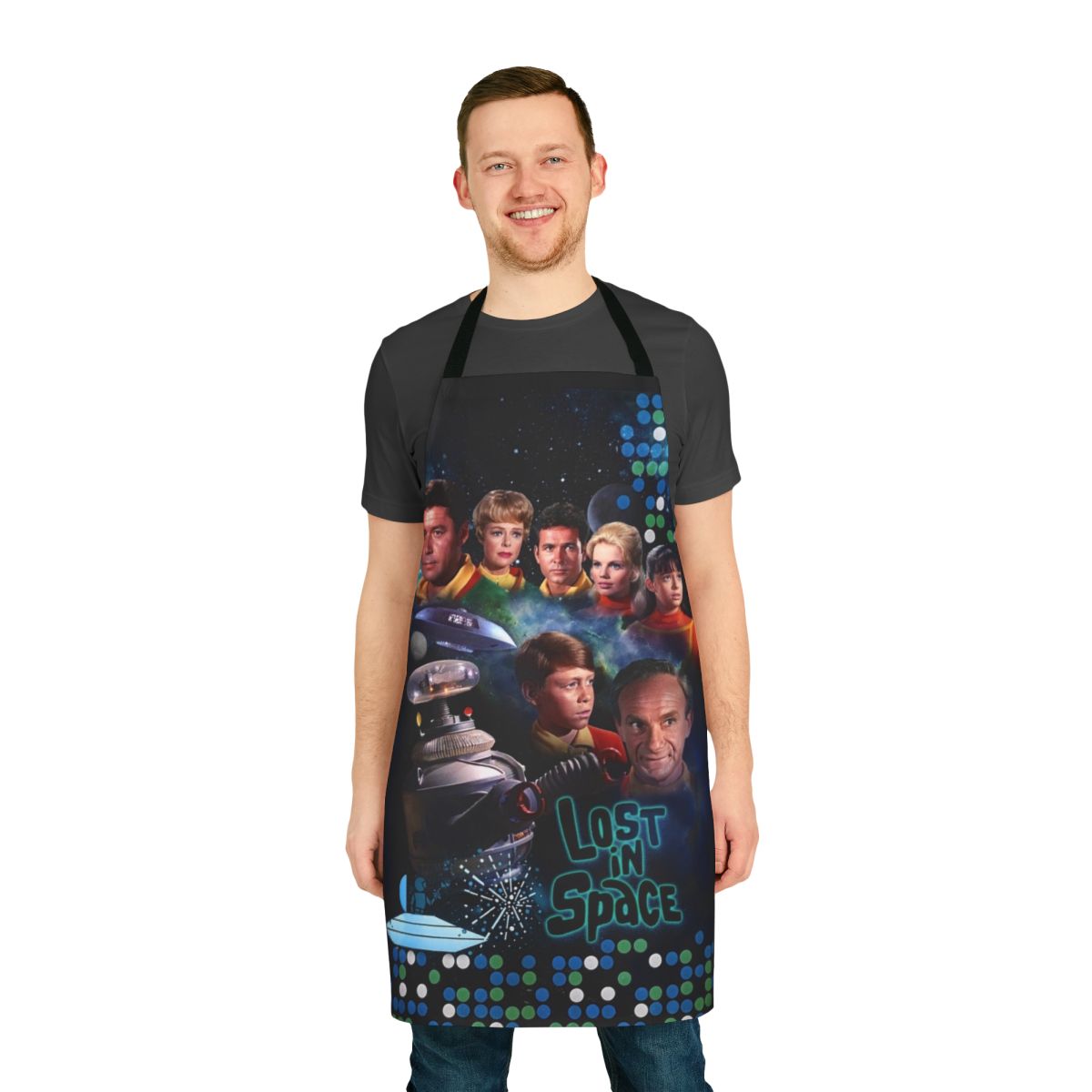 A high-quality apron featuring the Lost in Space logo and design, perfect for space enthusiasts in the kitchen.