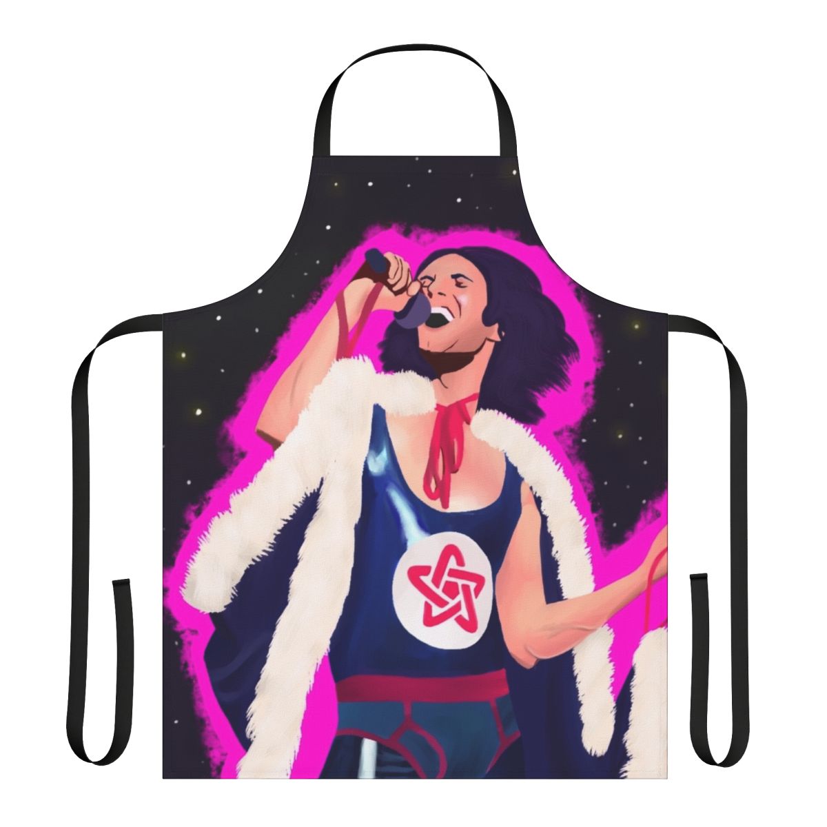 Vibrant space-themed apron with a cool, rad, and 69 design