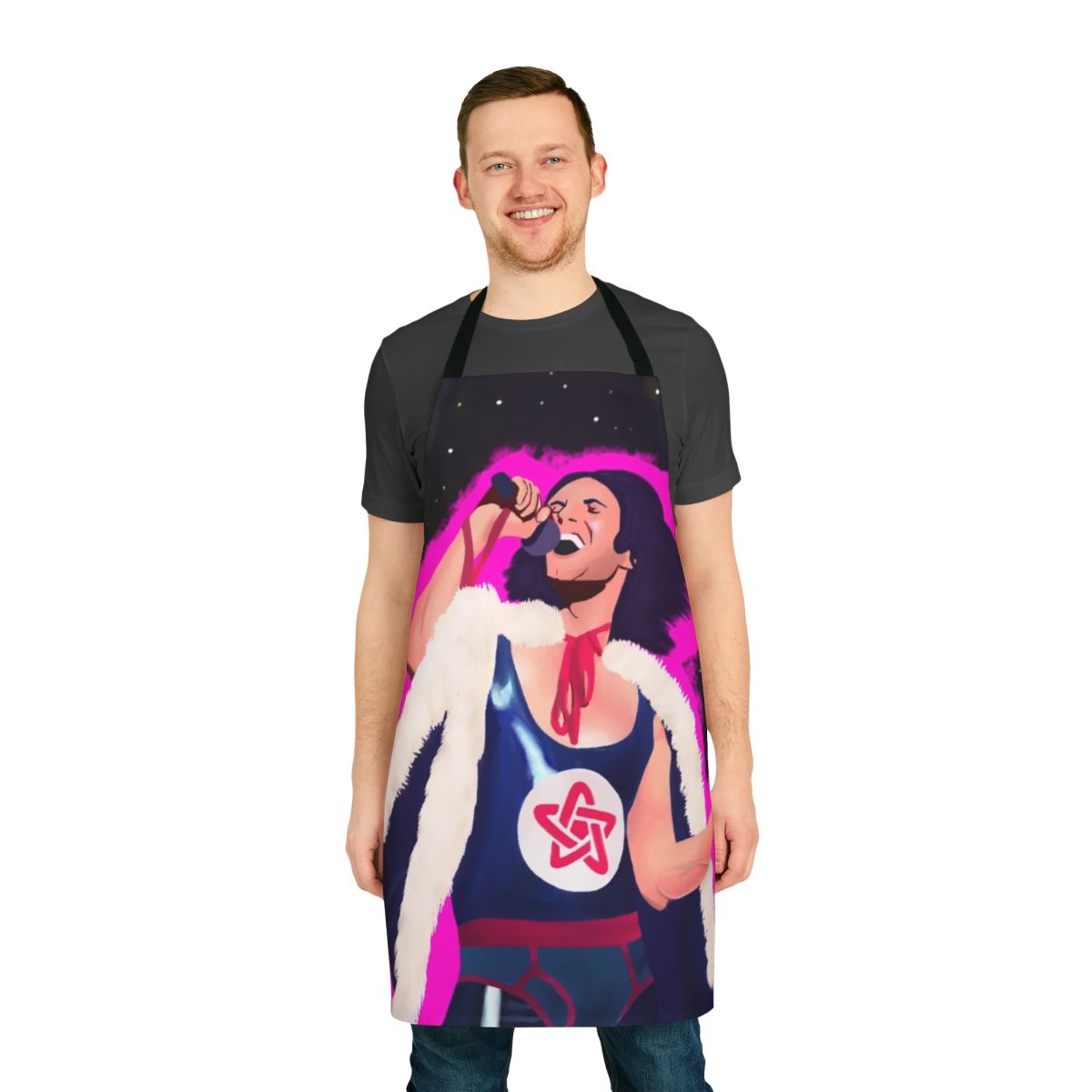 Vibrant space-themed apron with a cool, rad, and 69 design