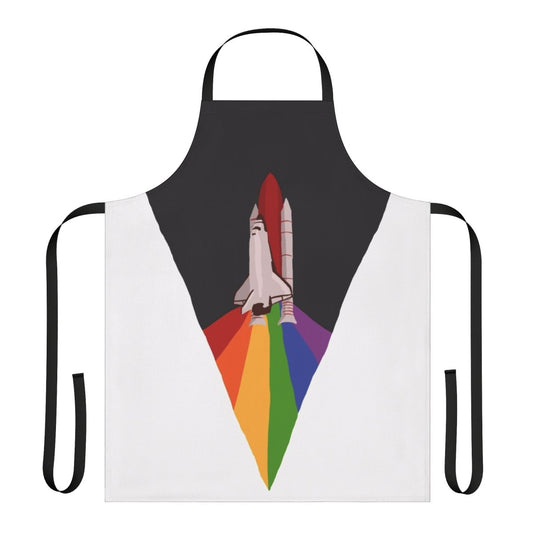 Colorful apron with space shuttle and NASA-inspired design for LGBTQ+ pride and space exploration enthusiasts.