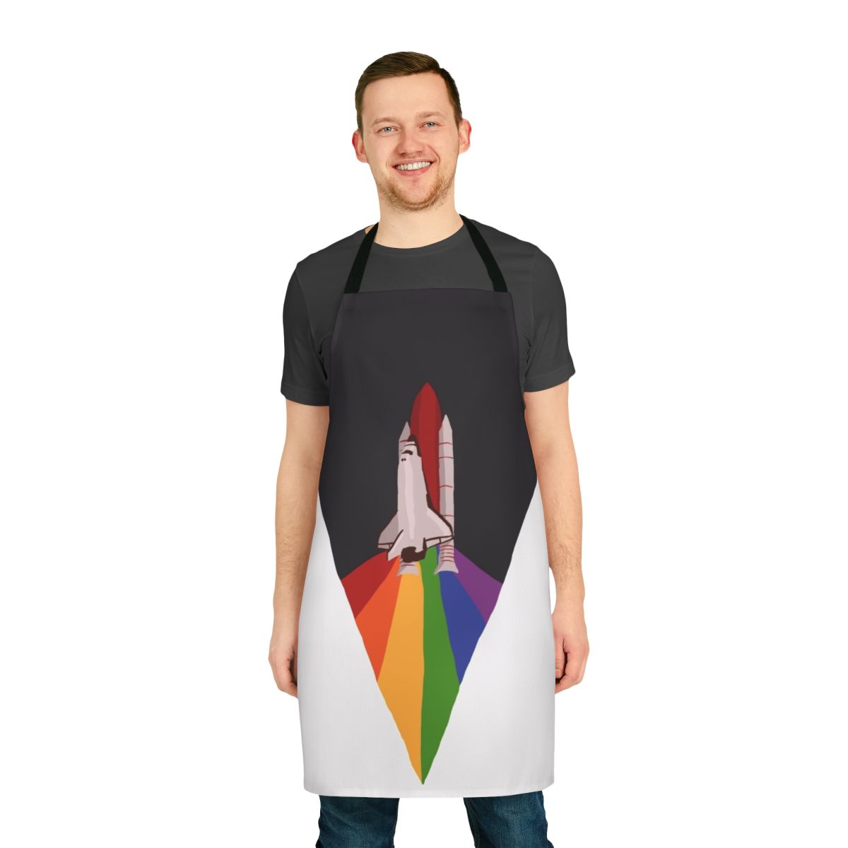 Colorful apron with space shuttle and NASA-inspired design for LGBTQ+ pride and space exploration enthusiasts.