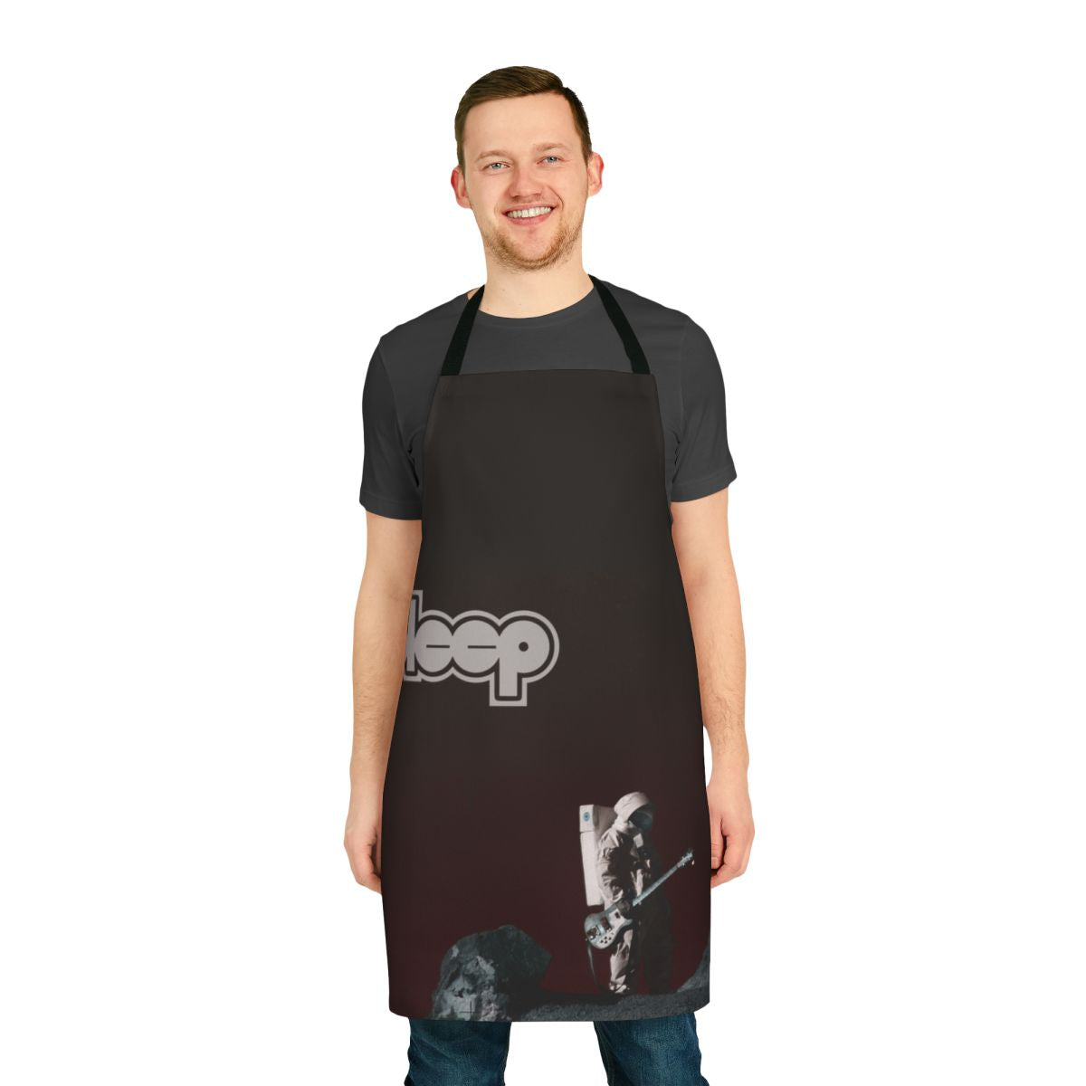 Space-themed apron with the "Sleep The Sciences" bass astronaut design