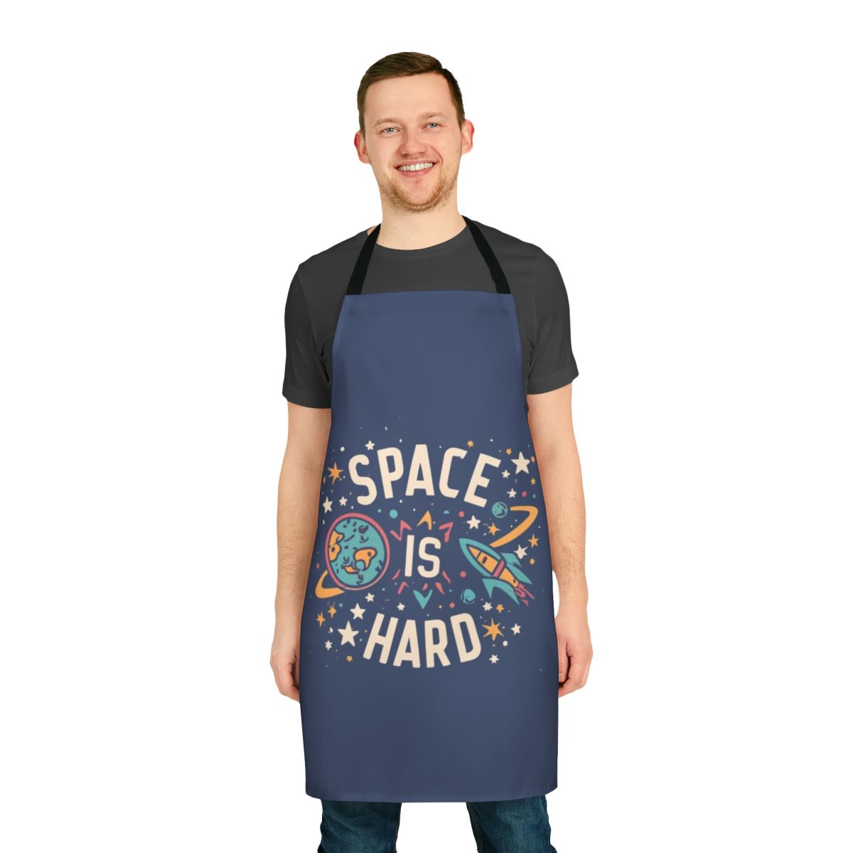 Apron featuring space-related design elements and the quote "Space Is Hard"
