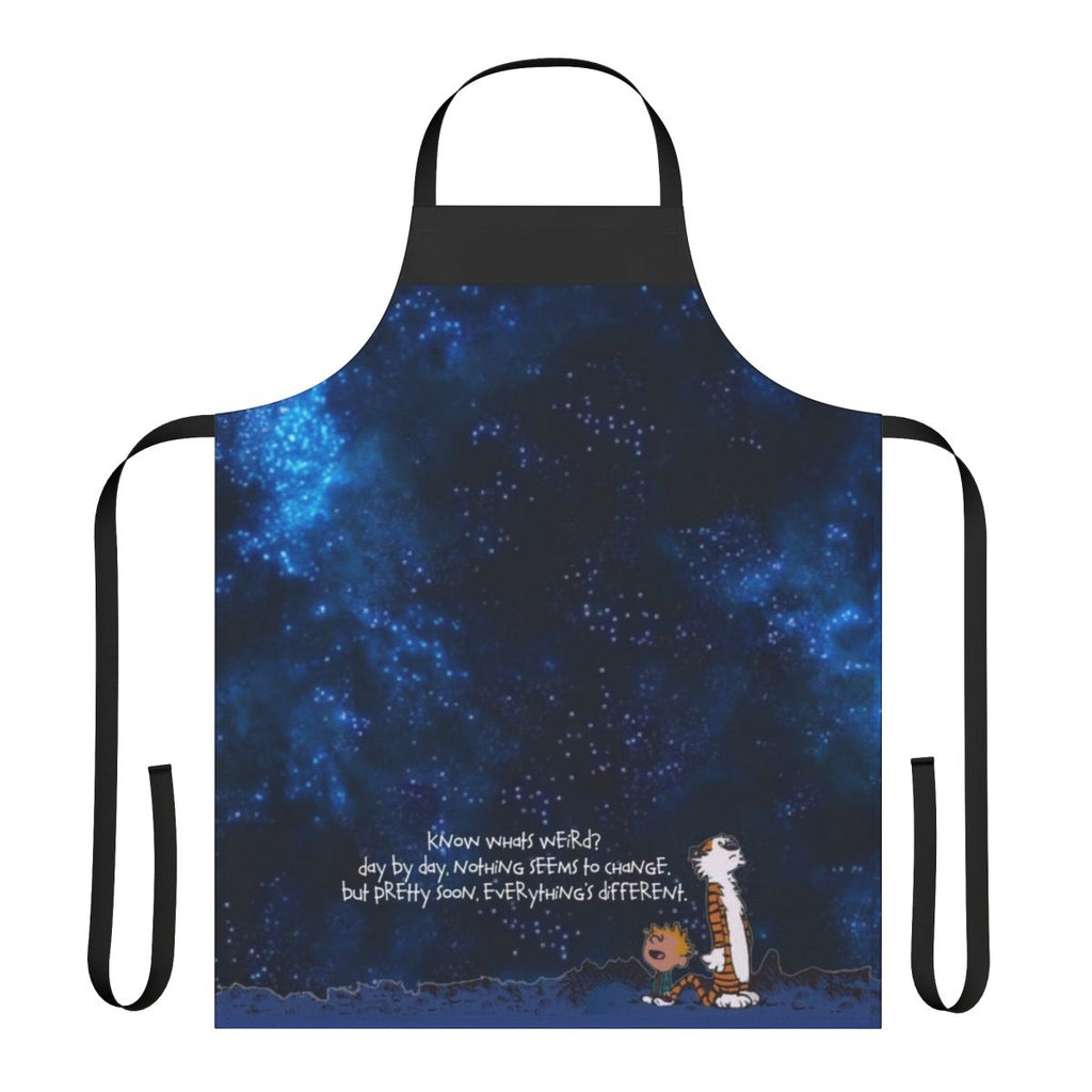 A space-themed apron featuring the beloved Calvin and Hobbes characters.