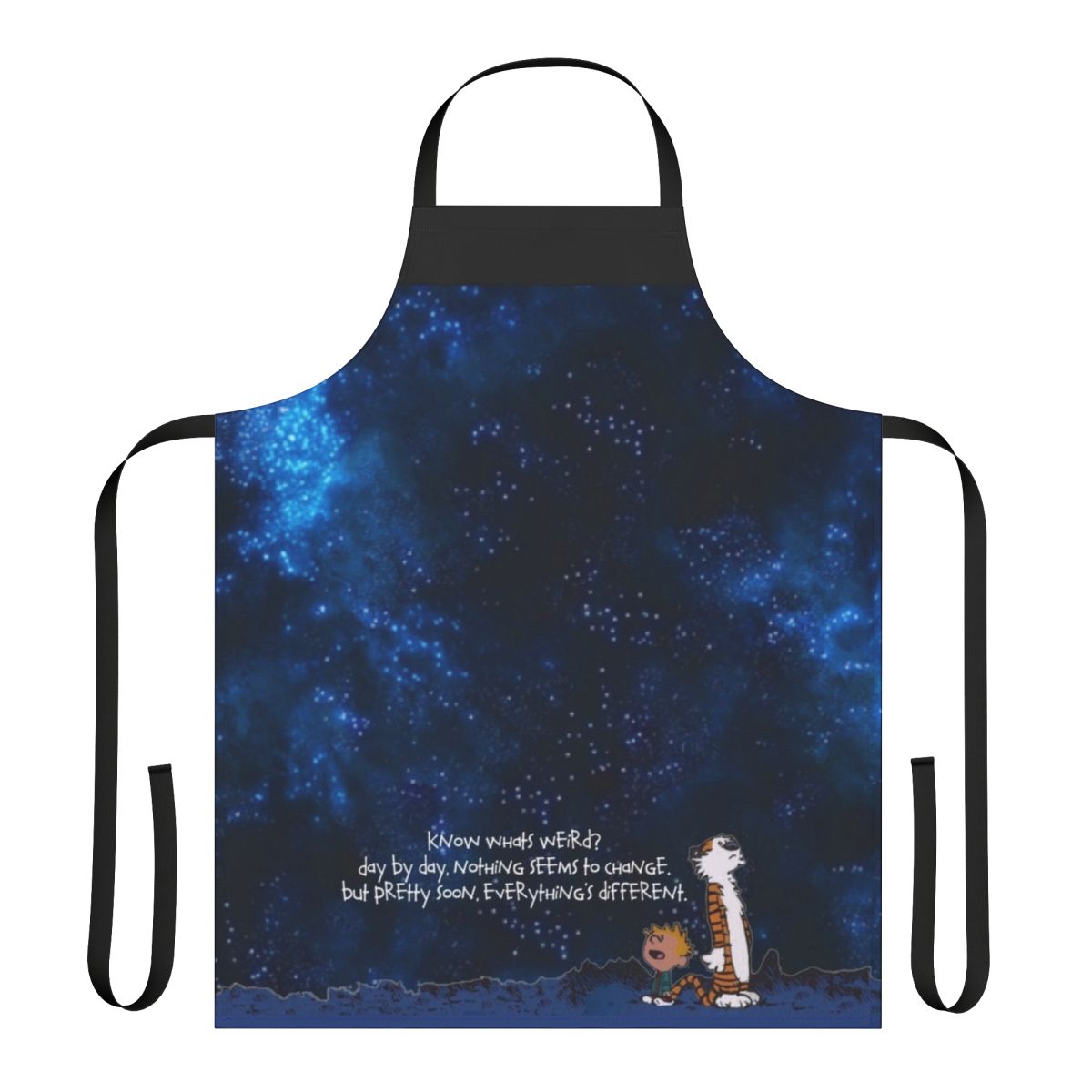 A space-themed apron featuring the beloved Calvin and Hobbes characters.