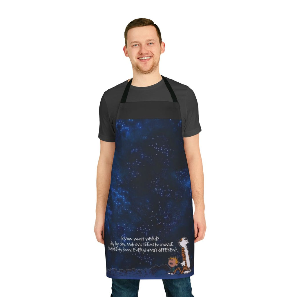 A space-themed apron featuring the beloved Calvin and Hobbes characters.
