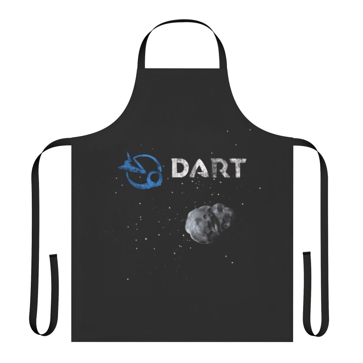 Illustration of the NASA DART mission to redirect an asteroid, printed on a black cooking apron