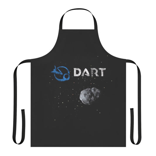 Illustration of the NASA DART mission to redirect an asteroid, printed on a black cooking apron