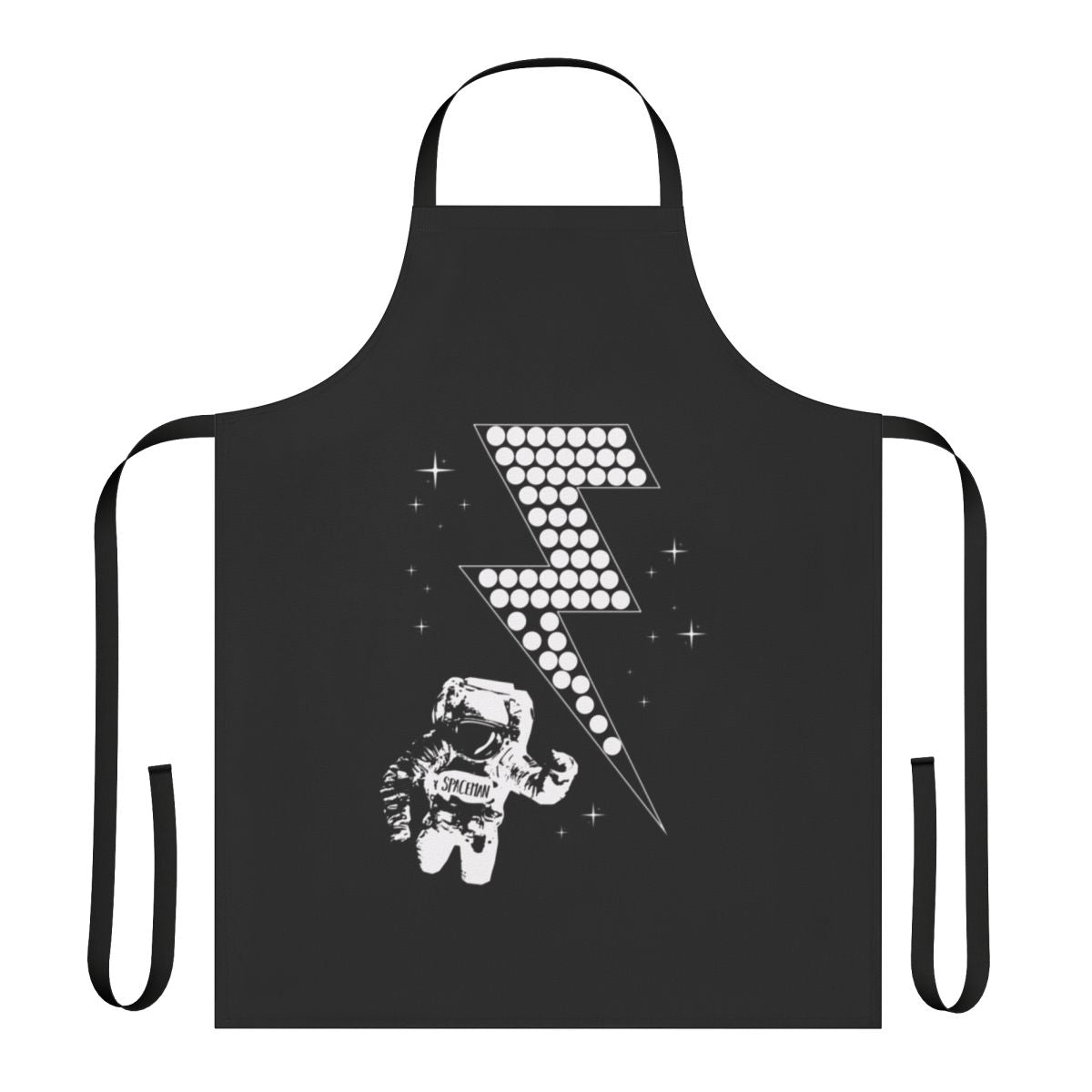 Stylish black and white apron featuring a spaceman design, perfect for the space-themed kitchen.