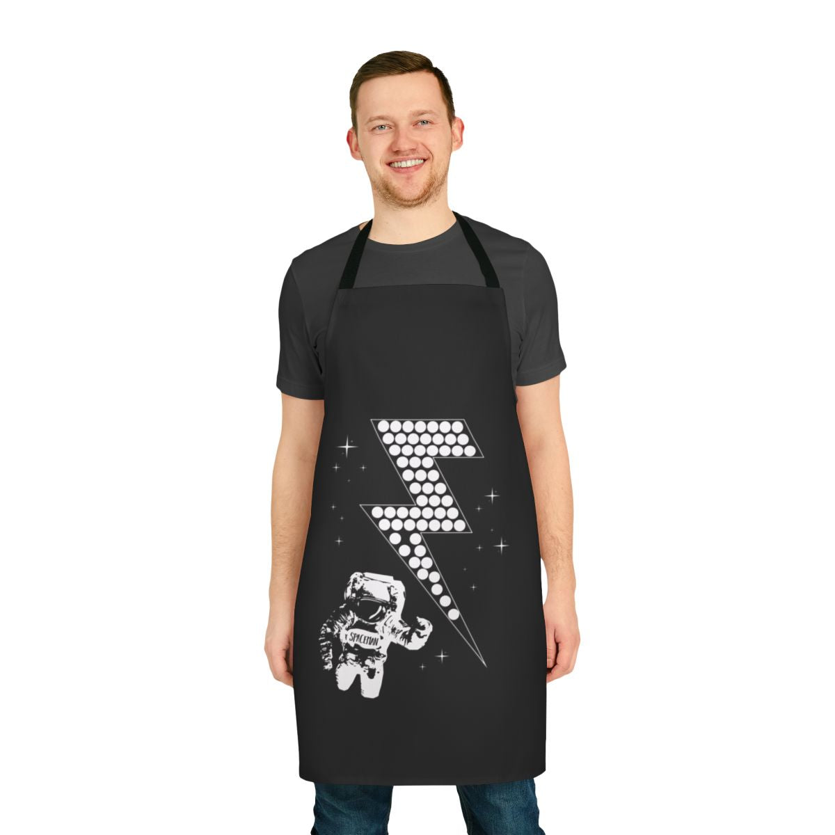 Stylish black and white apron featuring a spaceman design, perfect for the space-themed kitchen.