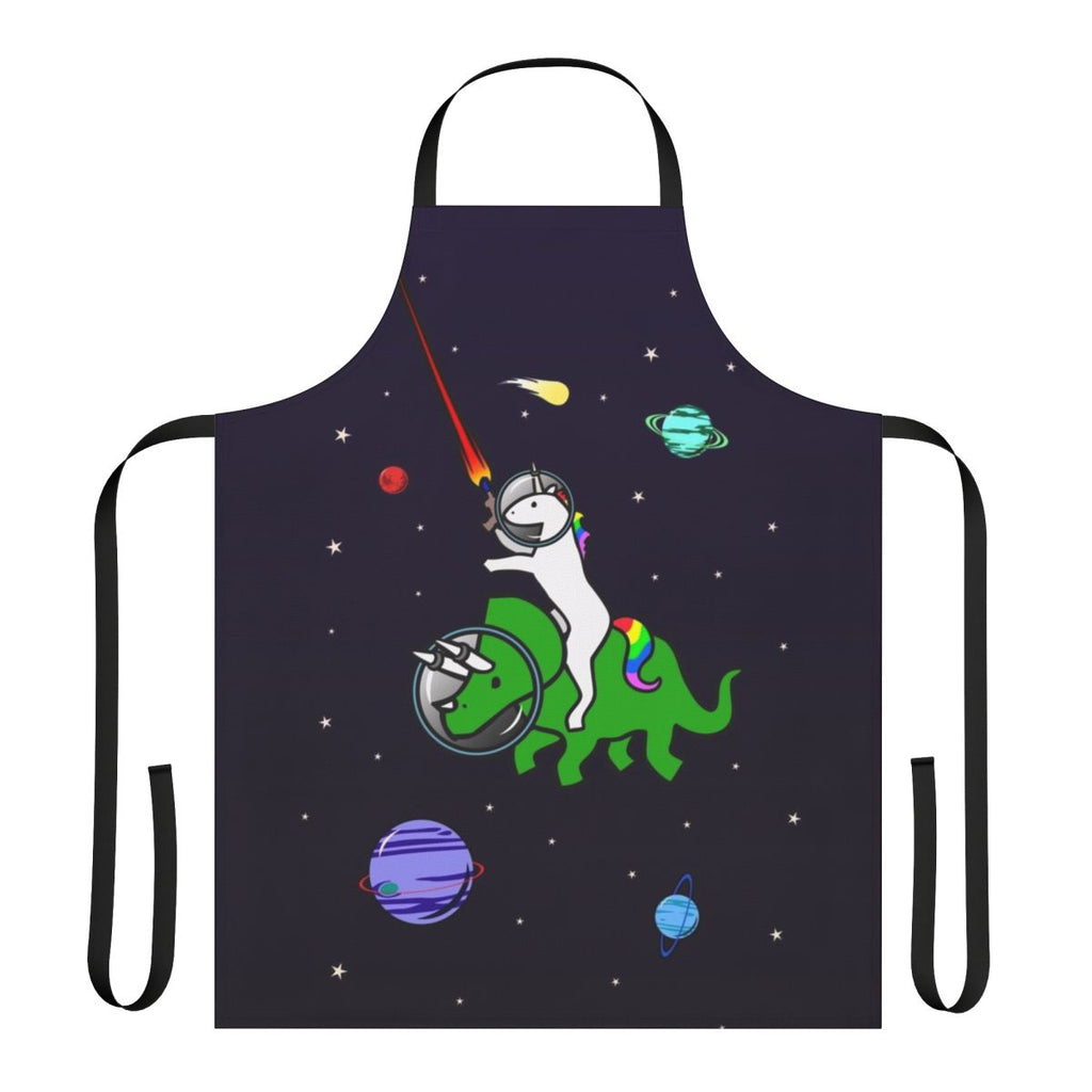 Whimsical illustration of a unicorn riding a triceratops in a starry, space-themed design printed on a high-quality apron.