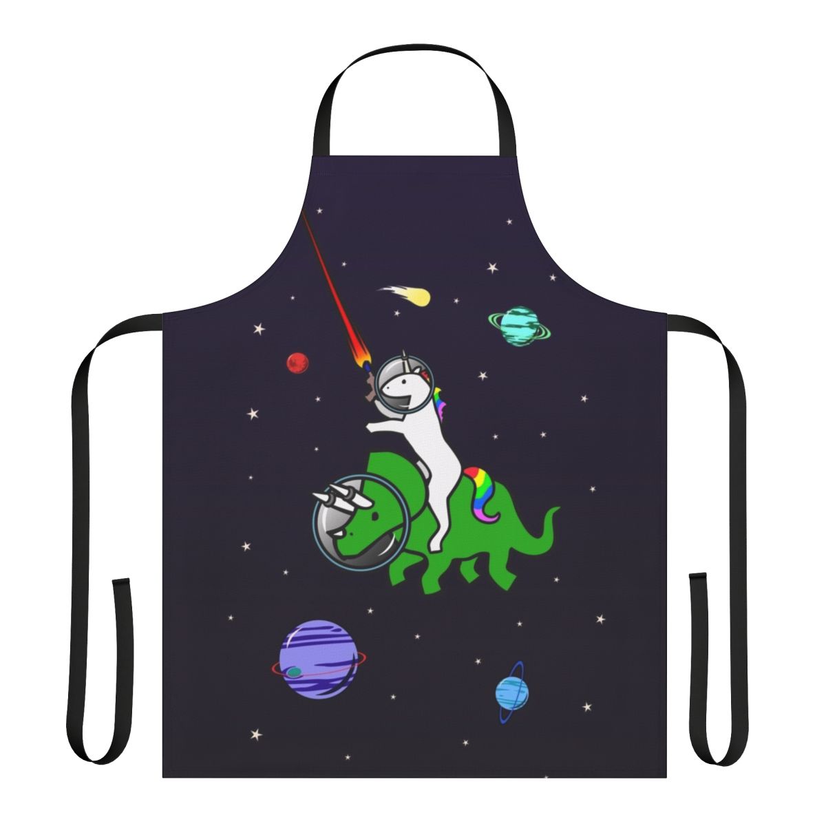 Whimsical illustration of a unicorn riding a triceratops in a starry, space-themed design printed on a high-quality apron.