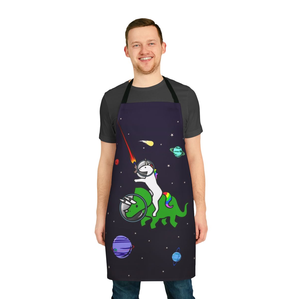 Whimsical illustration of a unicorn riding a triceratops in a starry, space-themed design printed on a high-quality apron.