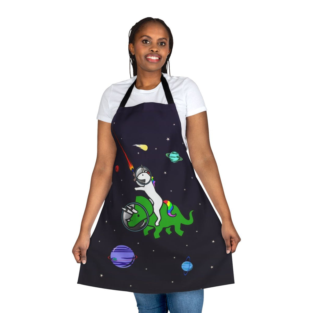 Whimsical illustration of a unicorn riding a triceratops in a starry, space-themed design printed on a high-quality apron.