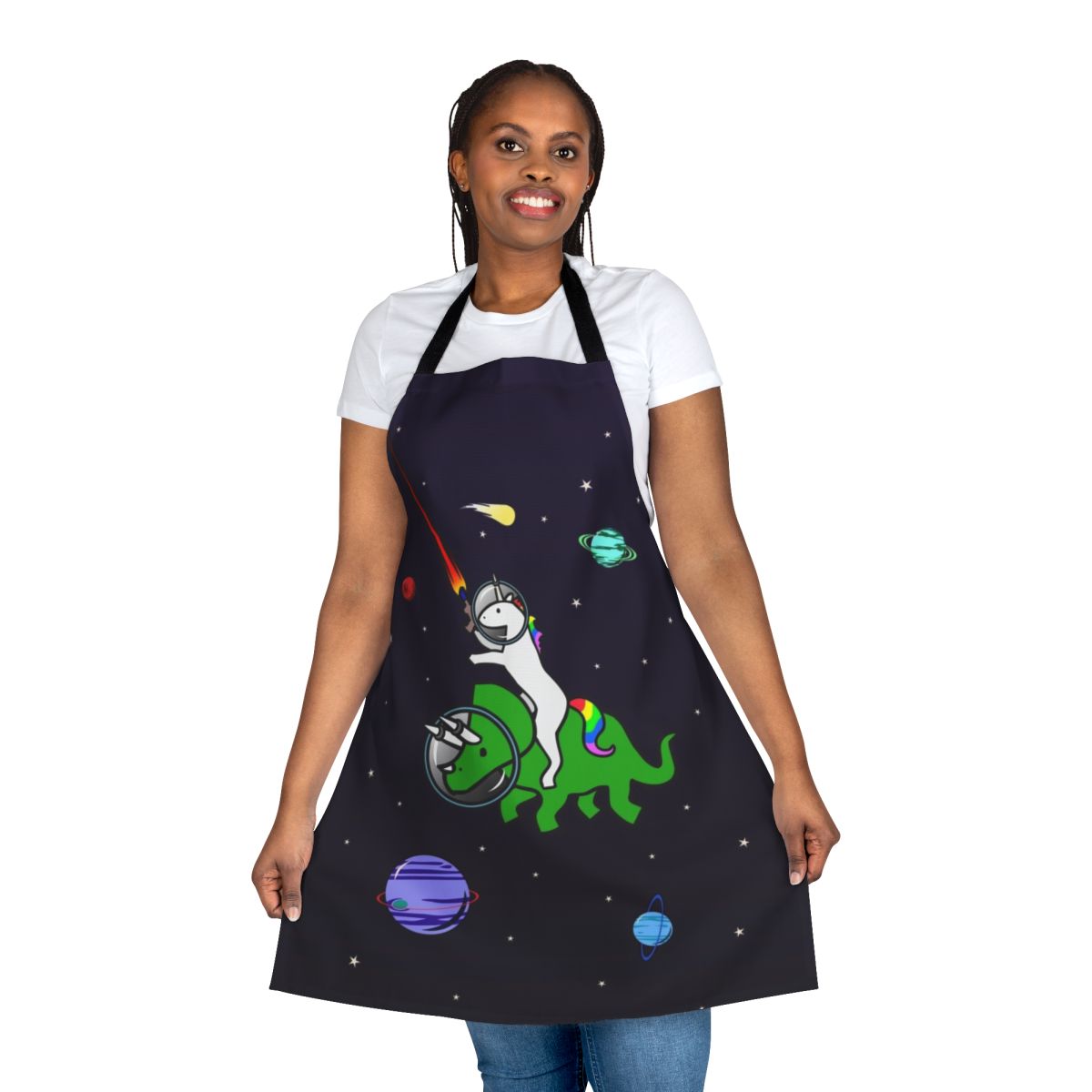Whimsical illustration of a unicorn riding a triceratops in a starry, space-themed design printed on a high-quality apron.