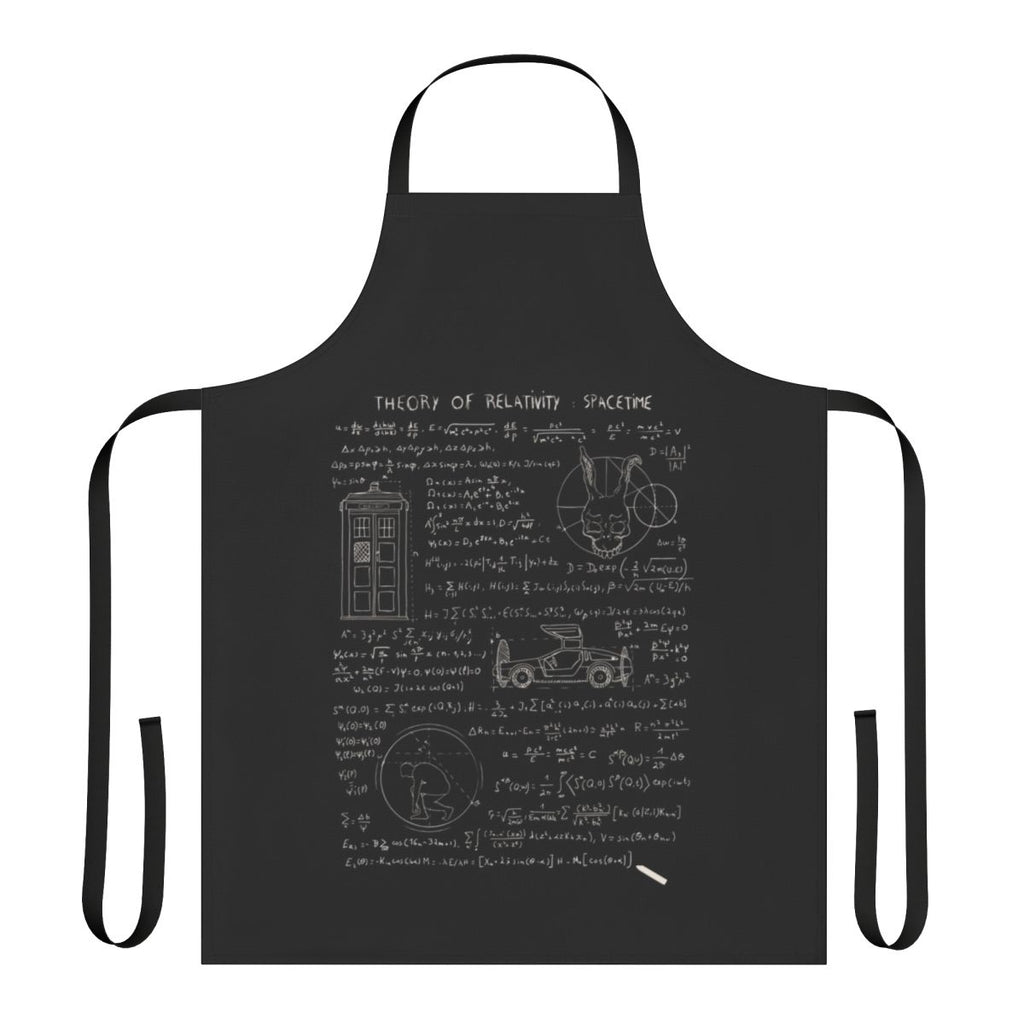 Apron featuring a design inspired by the theory of relativity and spacetime
