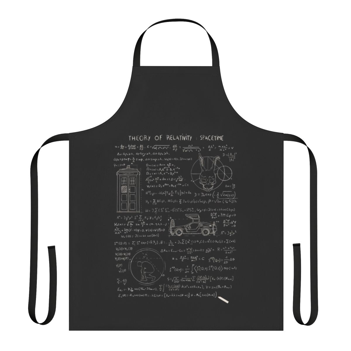 Apron featuring a design inspired by the theory of relativity and spacetime