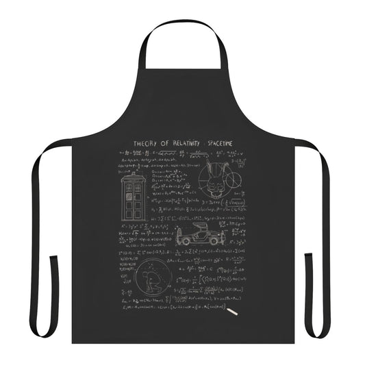 Apron featuring a design inspired by the theory of relativity and spacetime