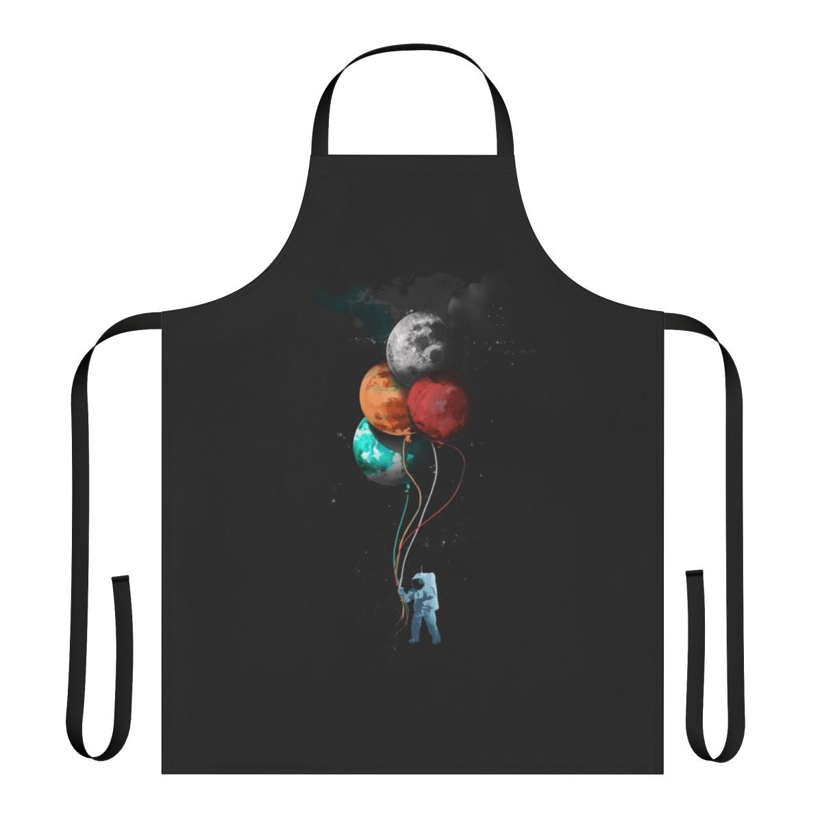 Spacey and surreal apron with astronaut figure, planets, and cosmic elements