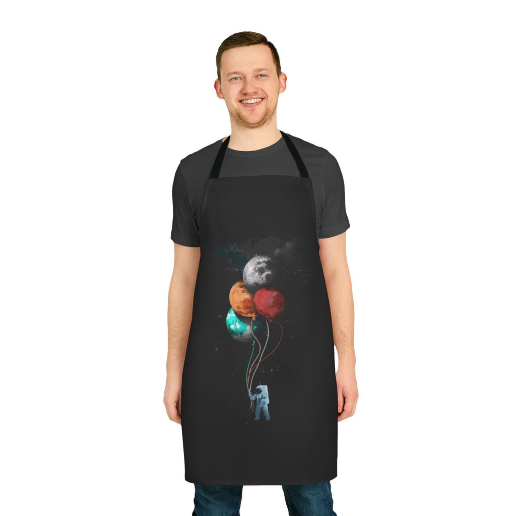 Spacey and surreal apron with astronaut figure, planets, and cosmic elements