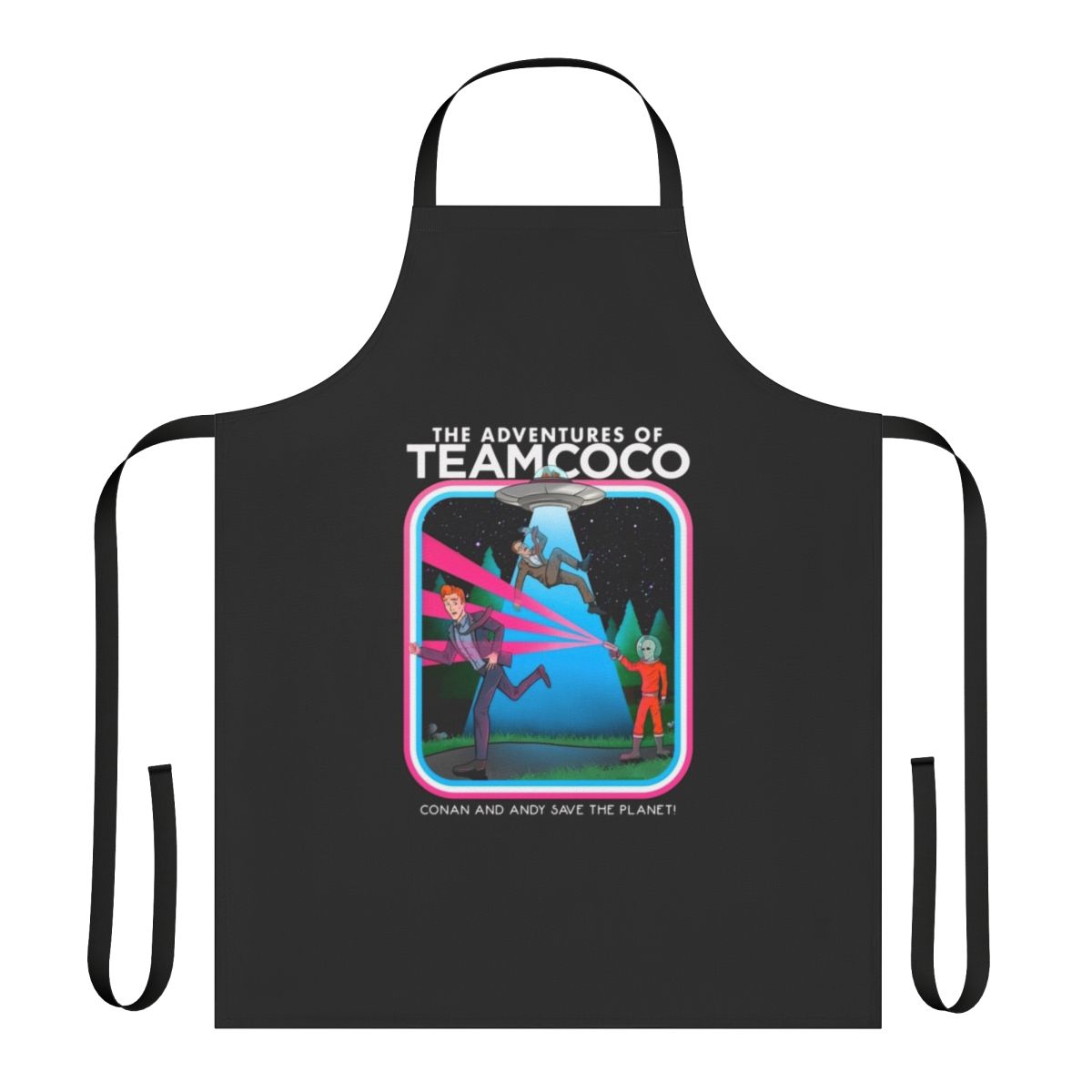 A spacey sci-fi alien-themed apron inspired by the popular Team Coco brand.