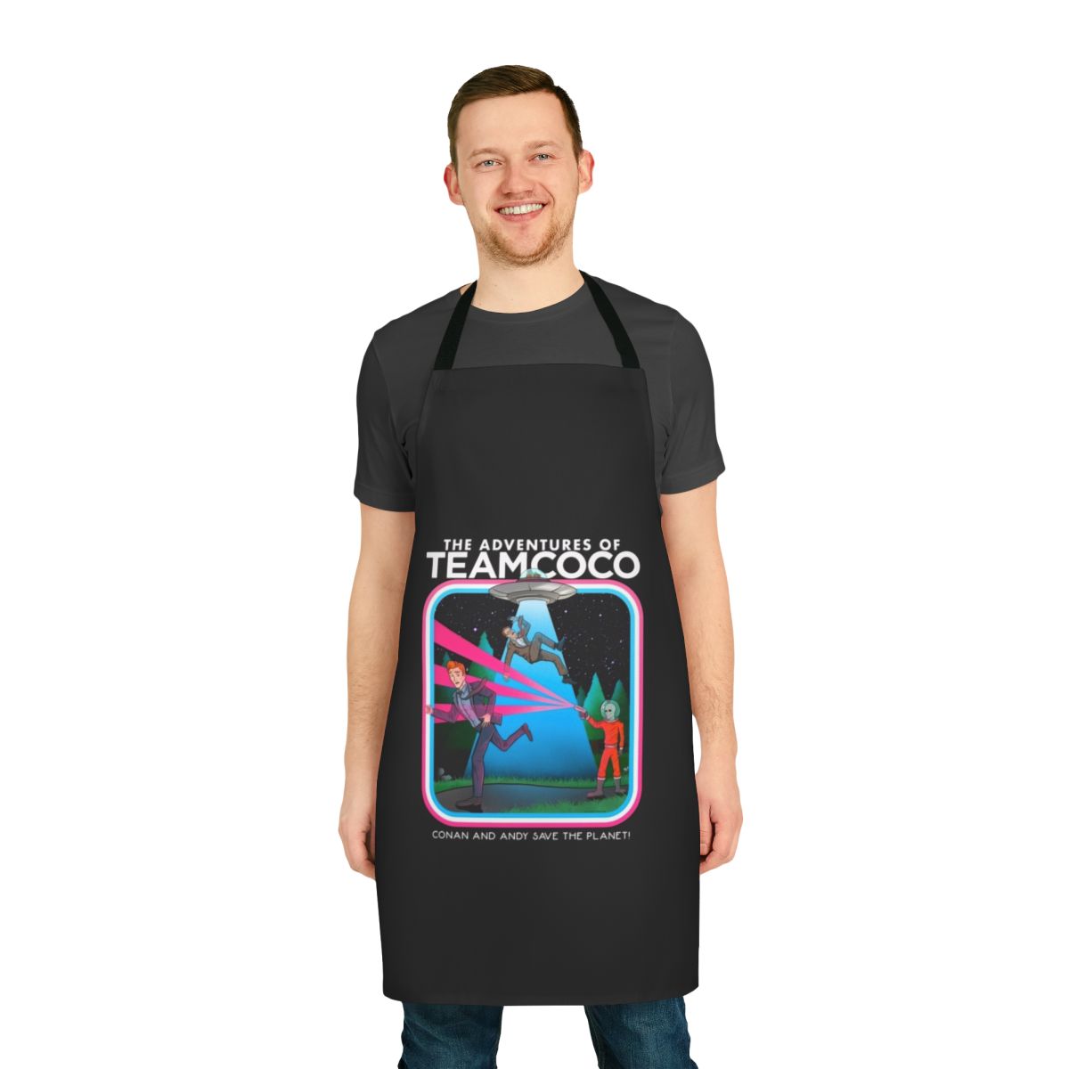 A spacey sci-fi alien-themed apron inspired by the popular Team Coco brand.