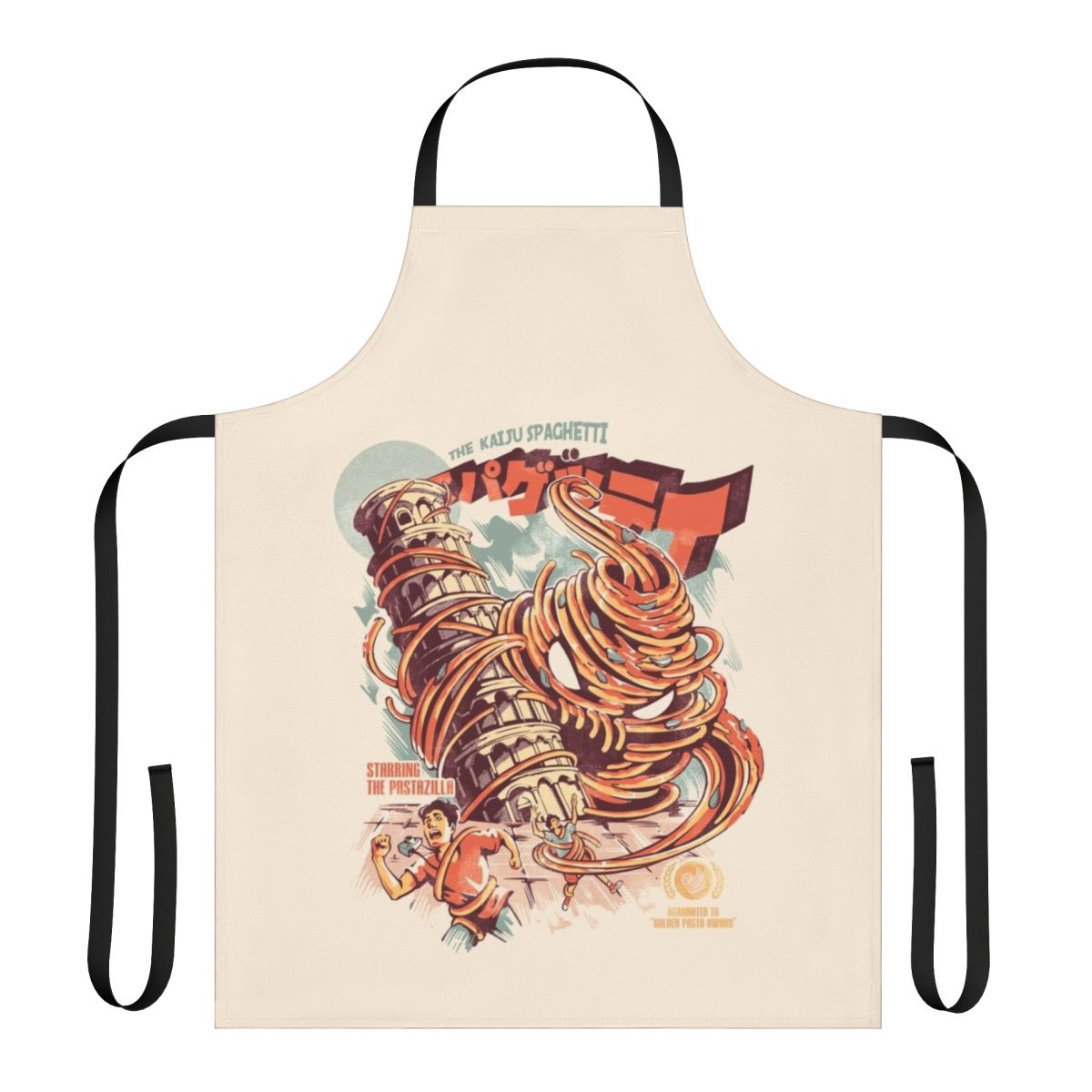 Spaghetti-inspired kaiju-themed apron with a retro Japanese monster movie design