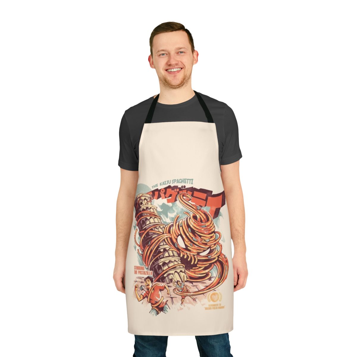Spaghetti-inspired kaiju-themed apron with a retro Japanese monster movie design