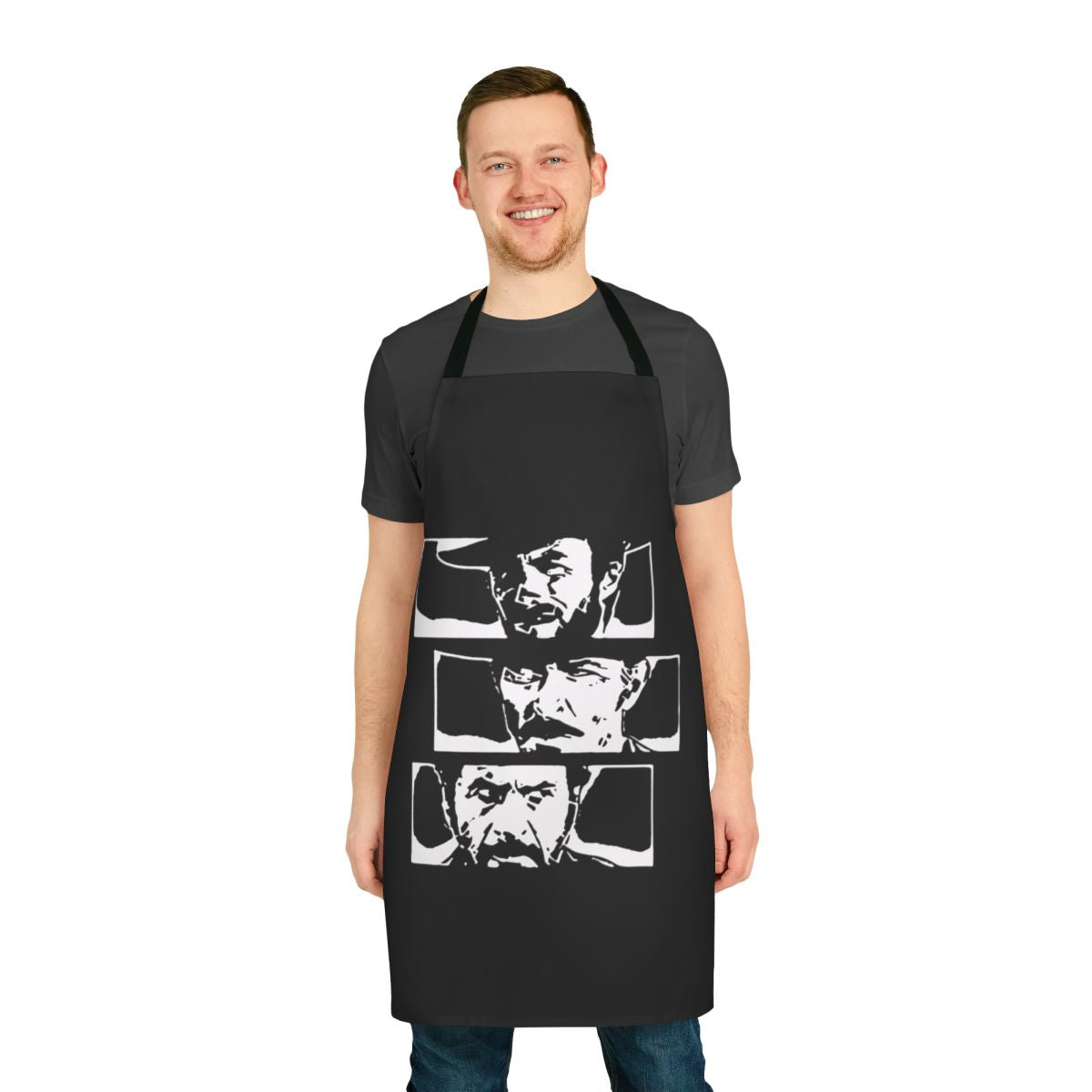 Spaghetti Western-inspired apron featuring Clint Eastwood's iconic characters from The Good, The Bad and The Ugly