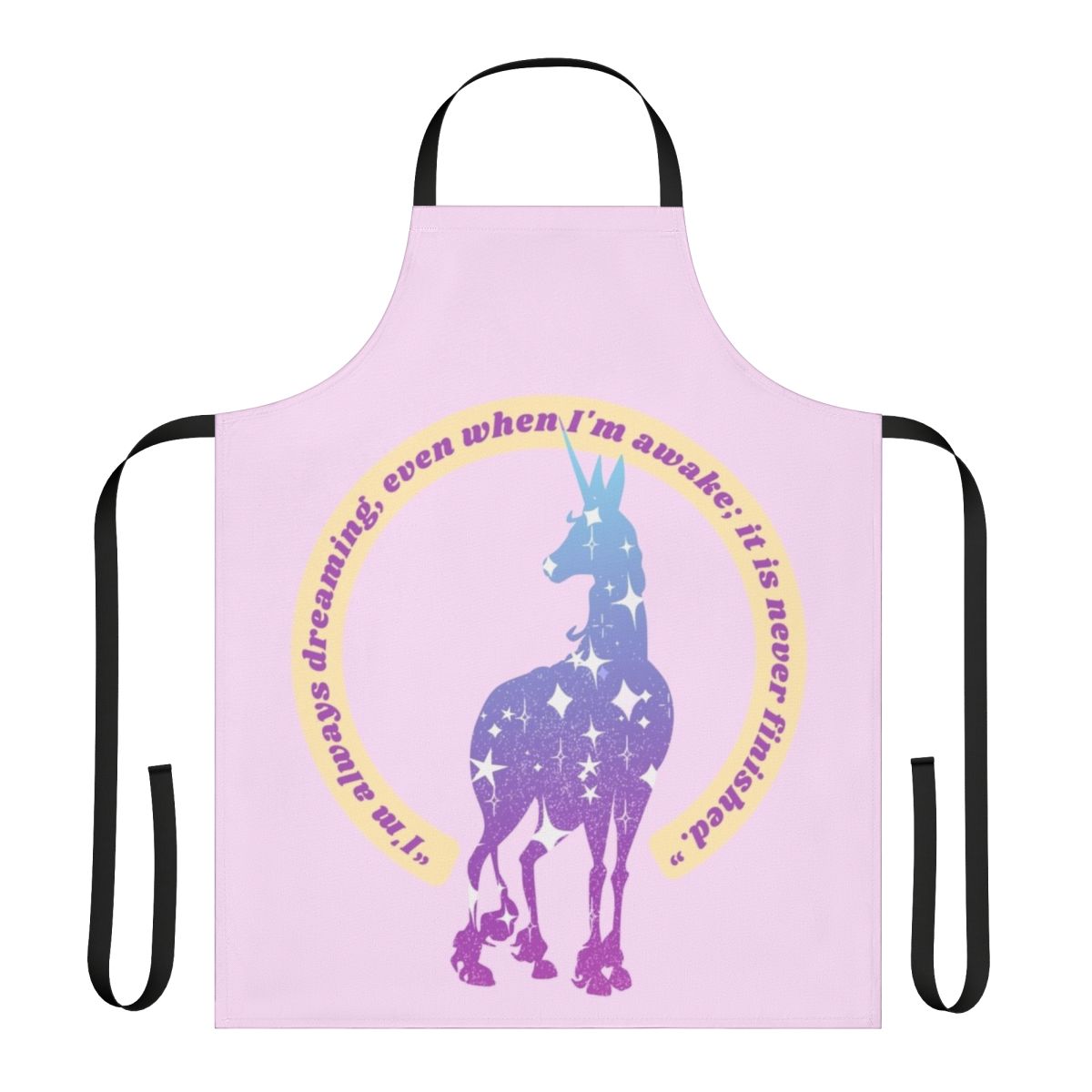 Whimsical apron featuring a unicorn and stars, inspired by the classic fantasy film "The Last Unicorn"