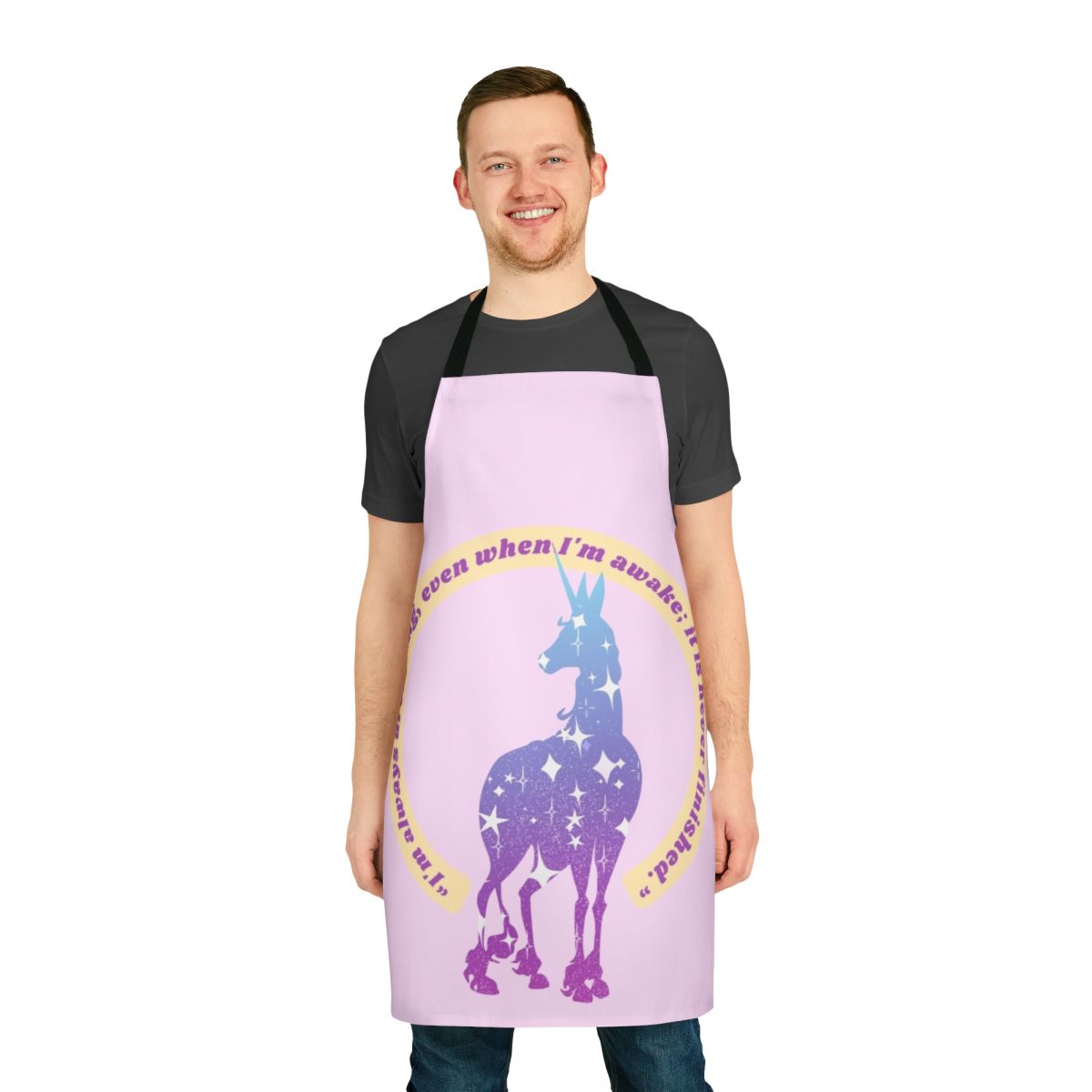 Whimsical apron featuring a unicorn and stars, inspired by the classic fantasy film "The Last Unicorn"