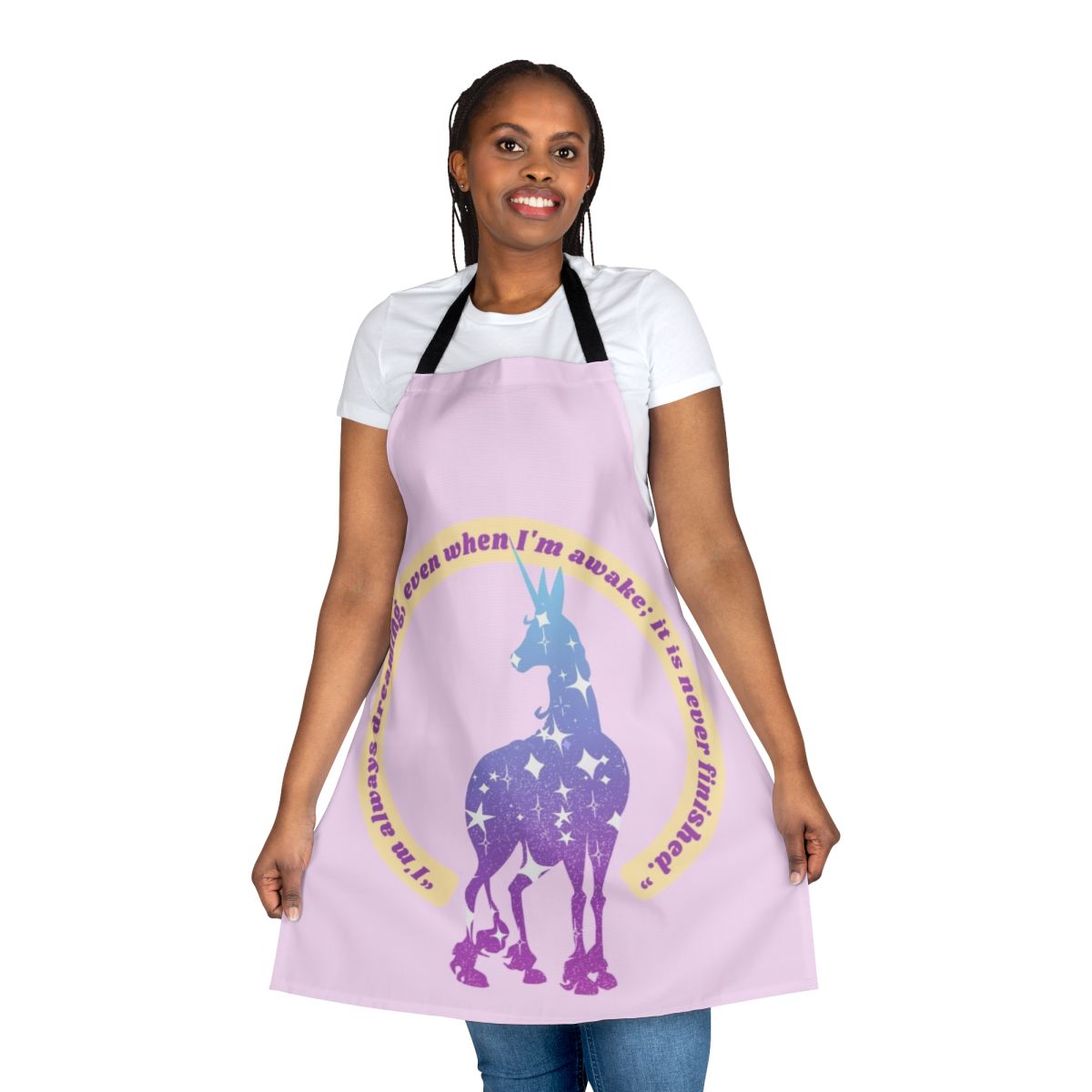 Whimsical apron featuring a unicorn and stars, inspired by the classic fantasy film "The Last Unicorn"