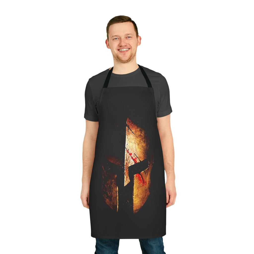 Spartan-inspired apron with helmet, splatter, and bloody design
