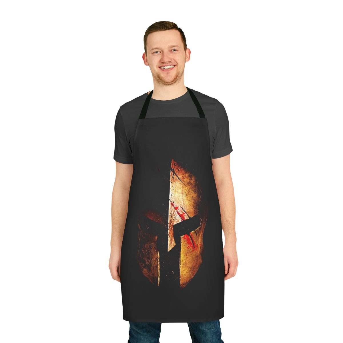 Spartan-inspired apron with helmet, splatter, and bloody design