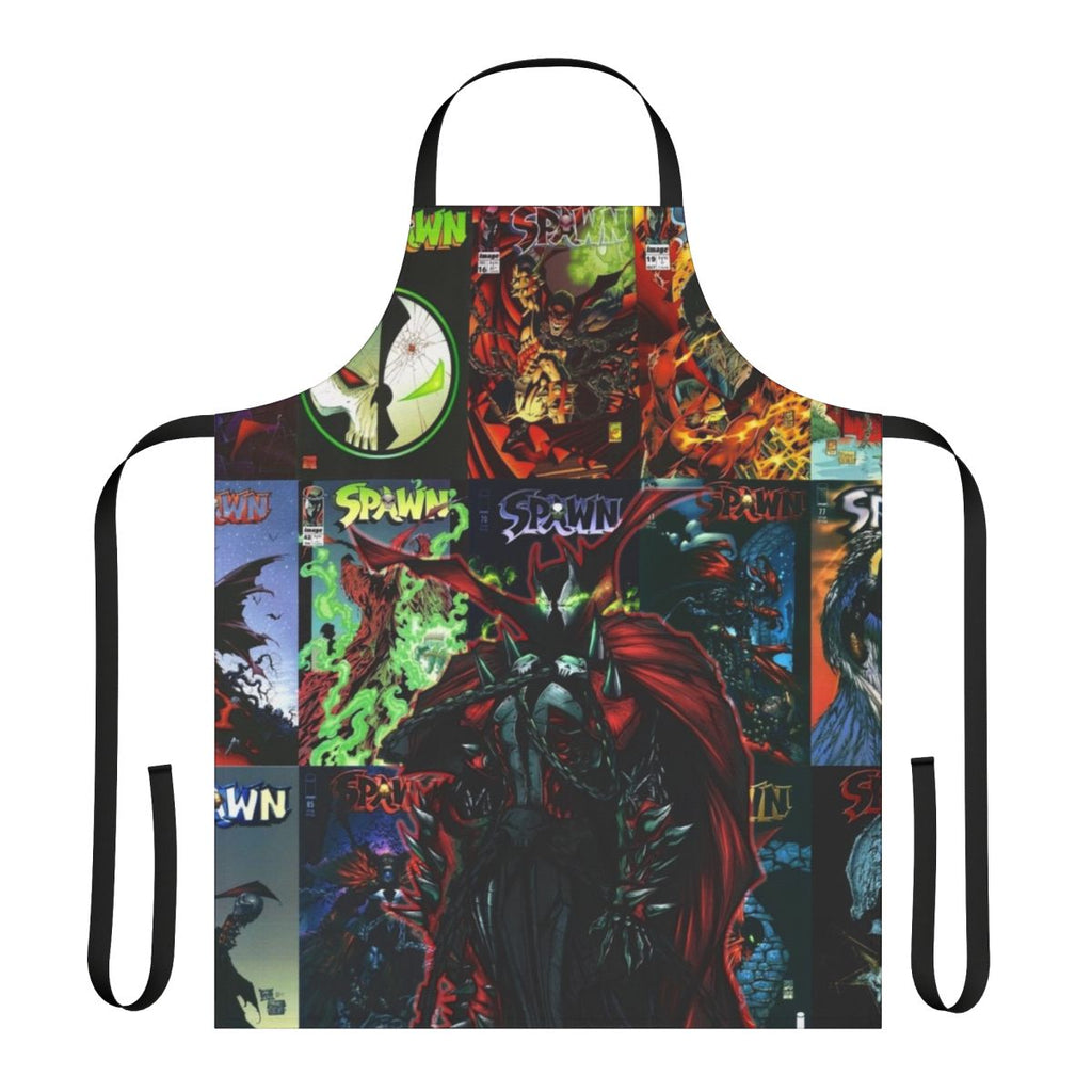 Spawn-inspired comic book apron with demon and superhero graphics