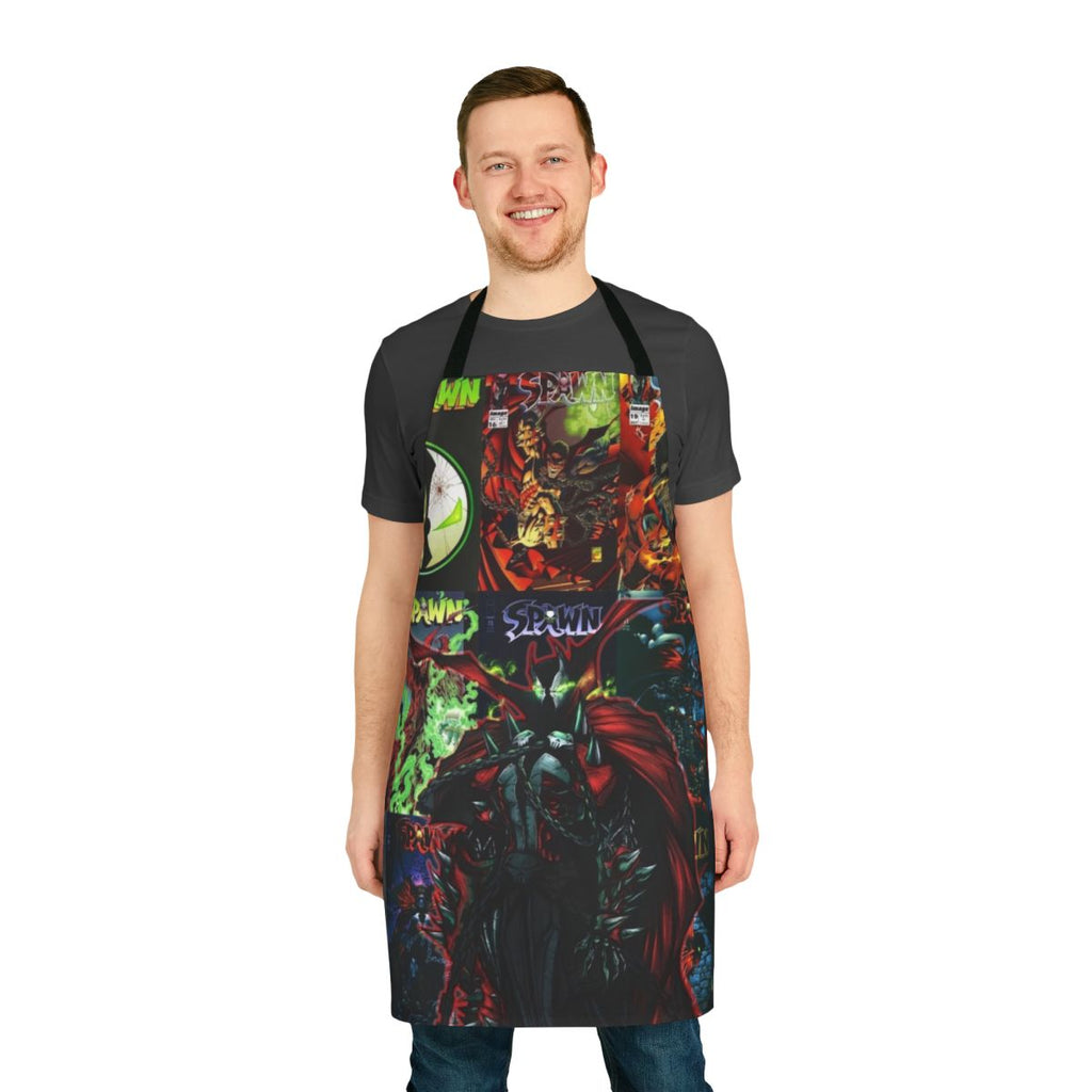 Spawn-inspired comic book apron with demon and superhero graphics