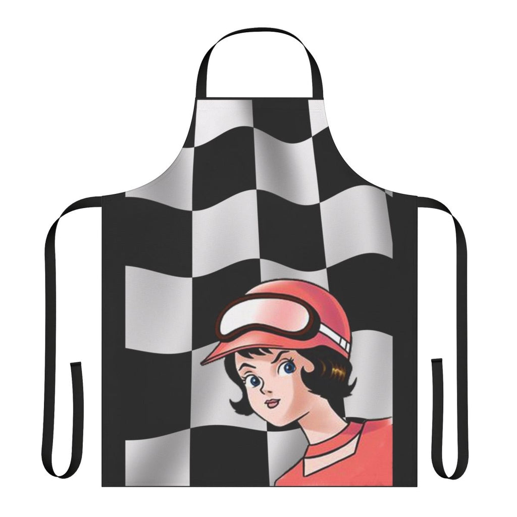 Speed racer inspired checkered flag apron with anime-style graphics
