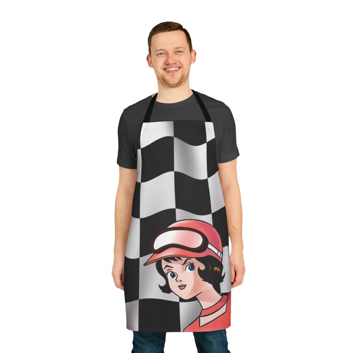 Speed racer inspired checkered flag apron with anime-style graphics