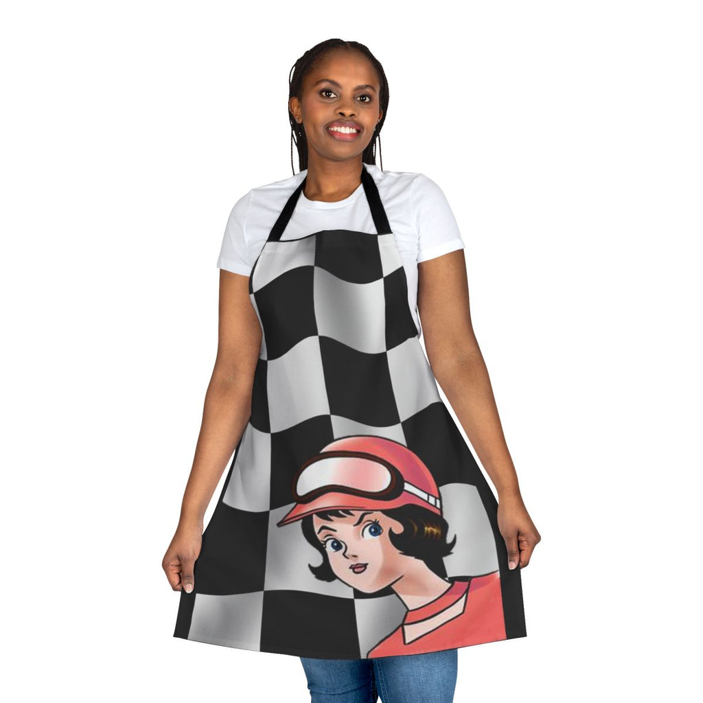 Speed racer inspired checkered flag apron with anime-style graphics