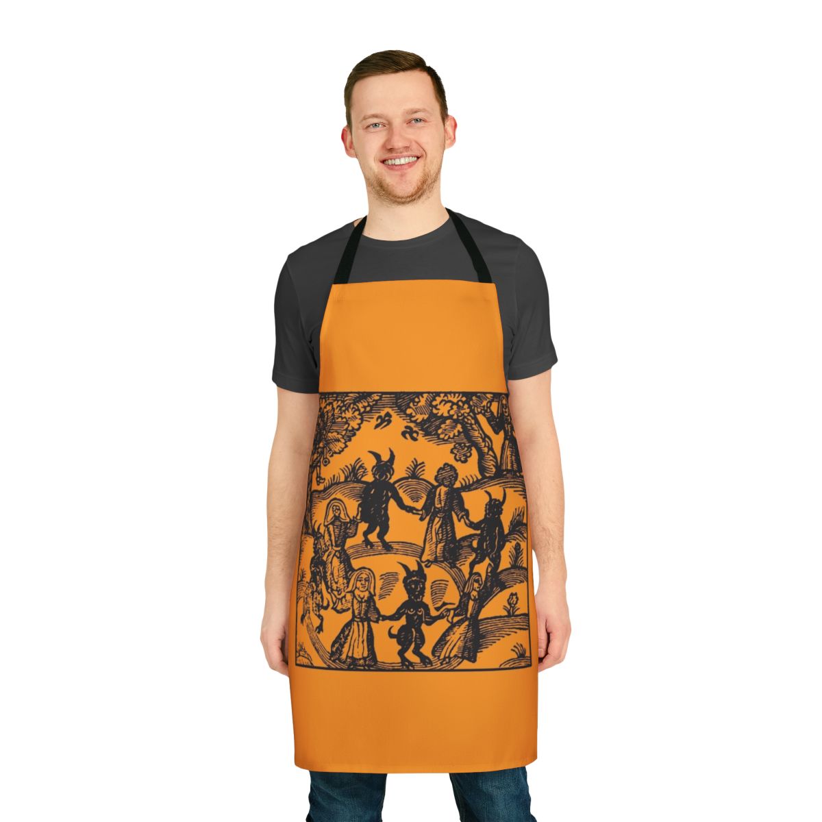 Spellbinding Dance with the Devil Apron featuring a goat, skeletons, and occult symbols