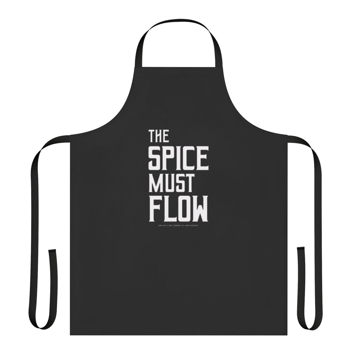 A white apron featuring the "The Spice Must Flow" design, inspired by the sci-fi epic Dune.