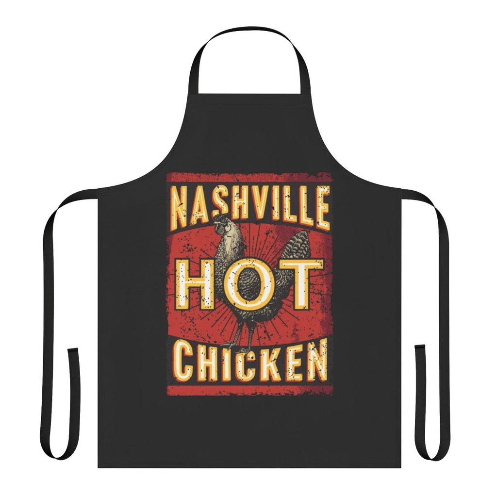 A vibrant red and white apron featuring the words "Nashville Hot Chicken"