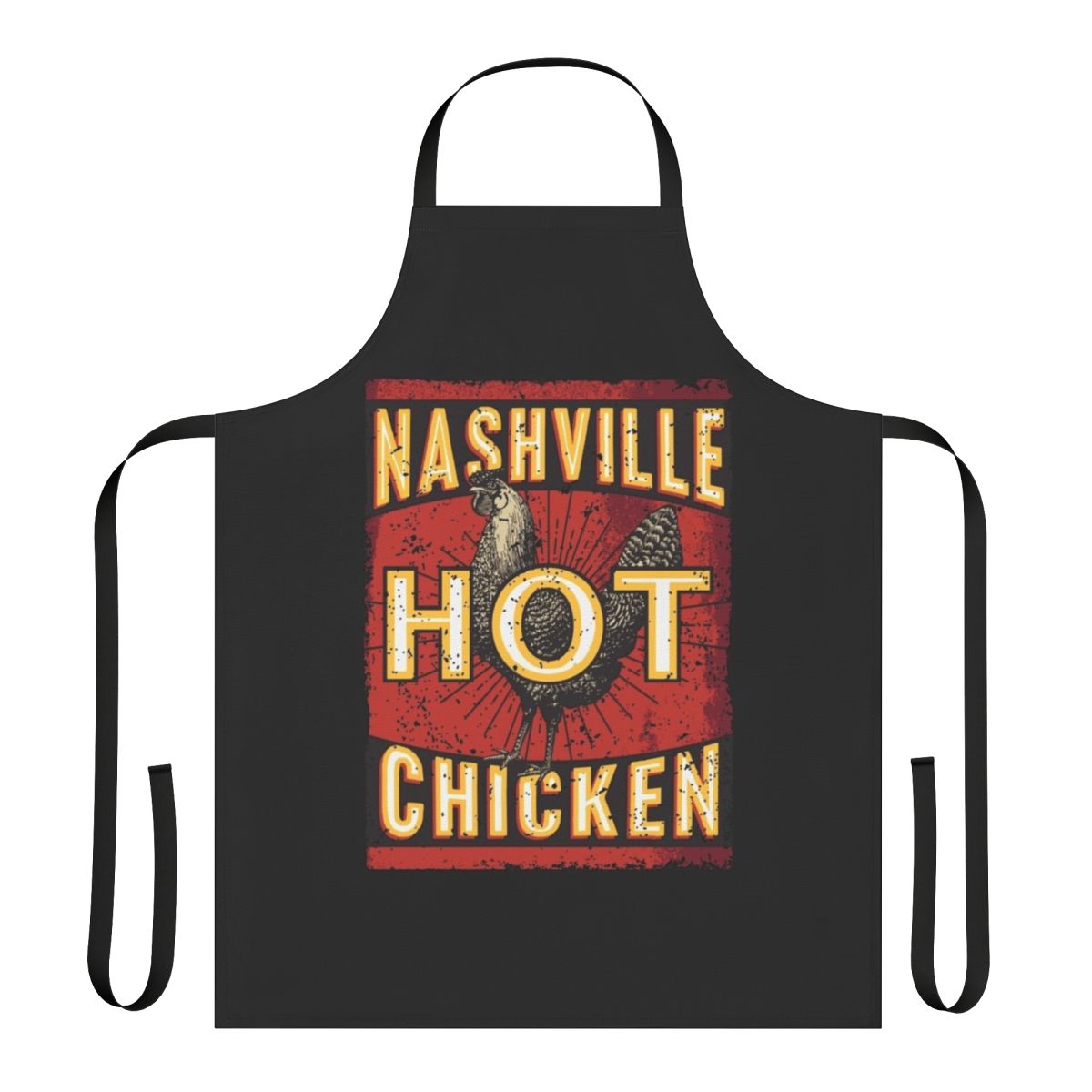 A vibrant red and white apron featuring the words "Nashville Hot Chicken"