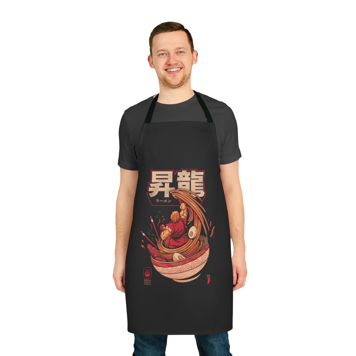 Spicy noodles cooking apron featuring a retro gaming design