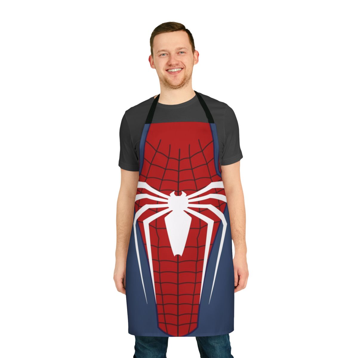Spider-inspired white apron with graphic design